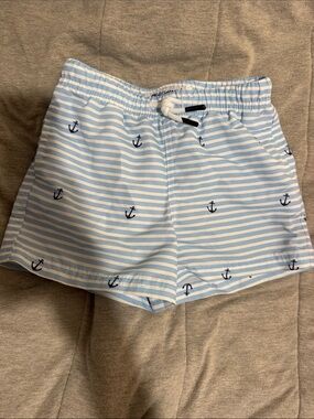 Light Blue Striped Nautical Anchor Swim Trunks